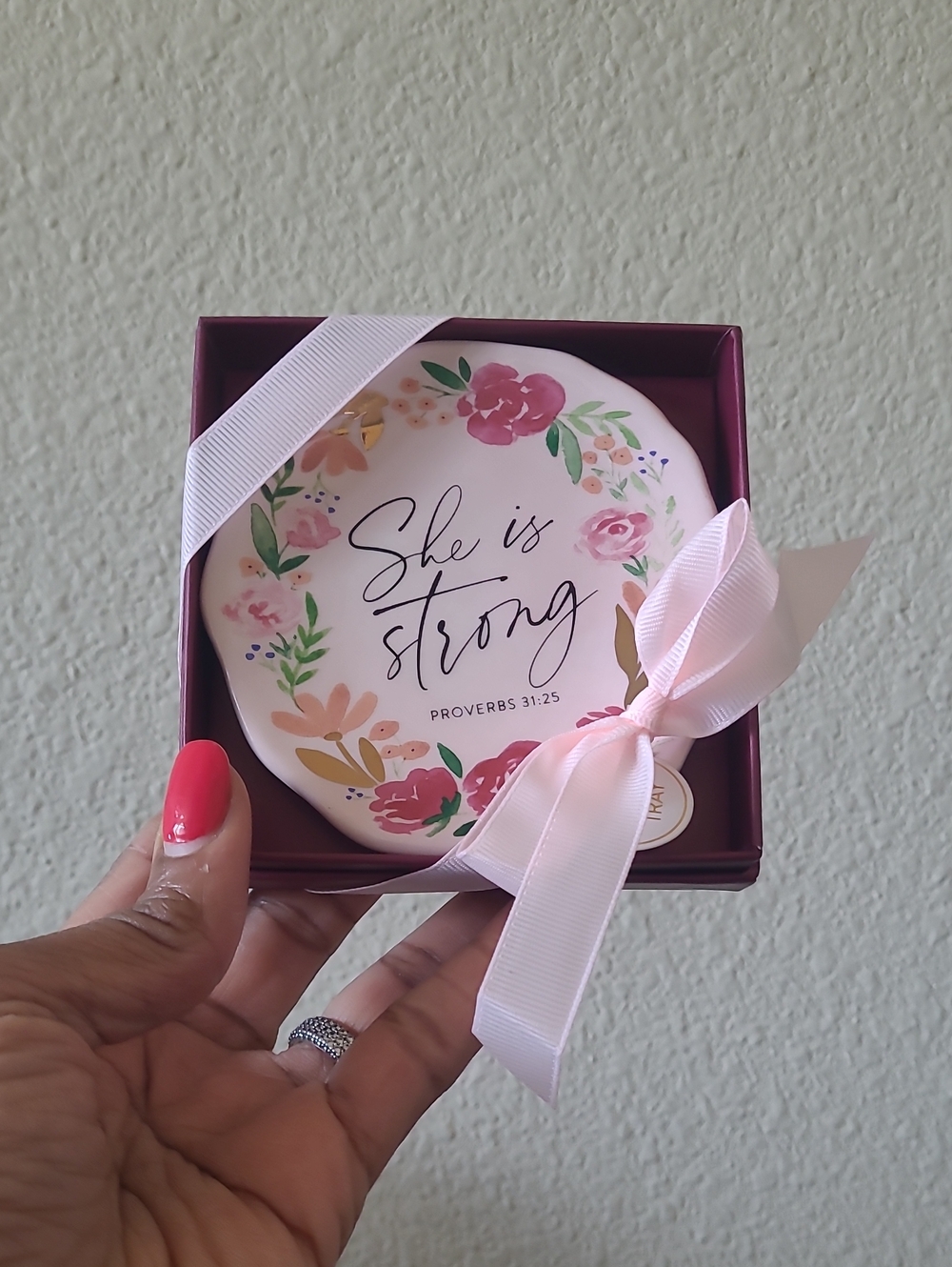 She Is Strong Pink Floral Trinket Tray